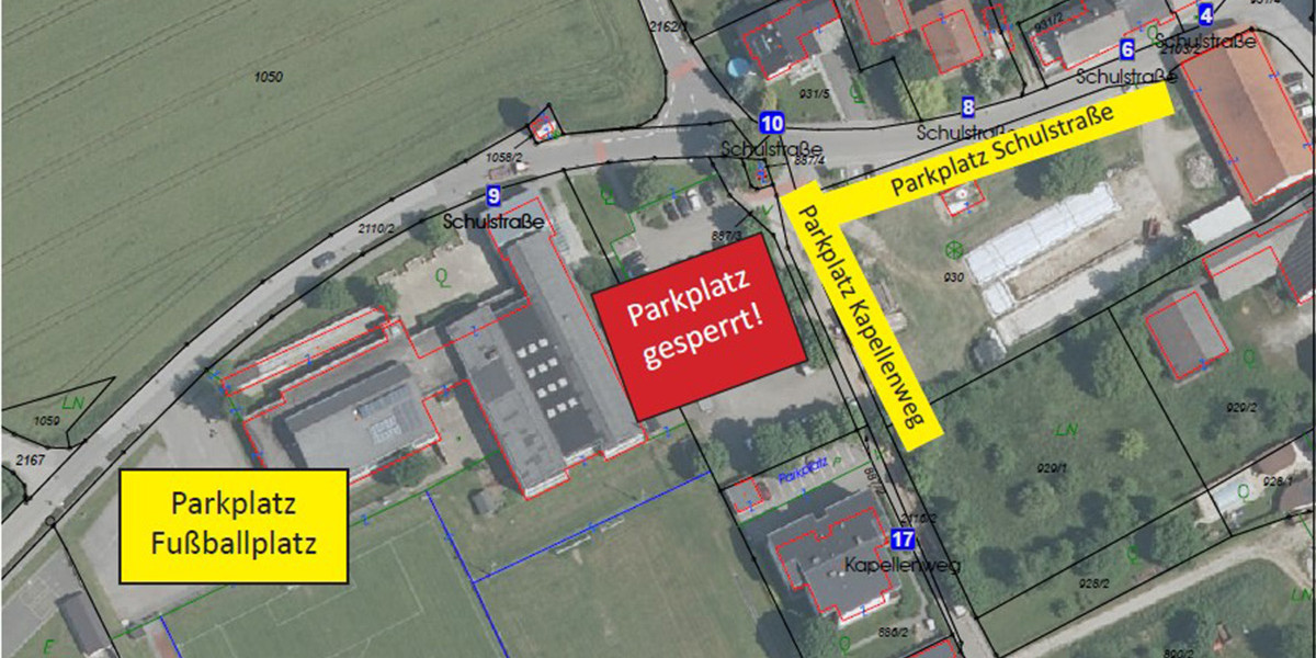 Orthofoto Schulparkplatz aufgrund von Bauarbeiten gesperrt